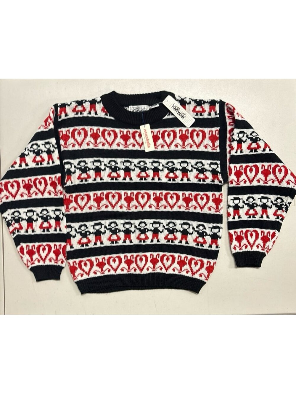 Vintage 90s Knit Works Sweater Womens L Black Red Paper Doll Heart NWT Deadstock